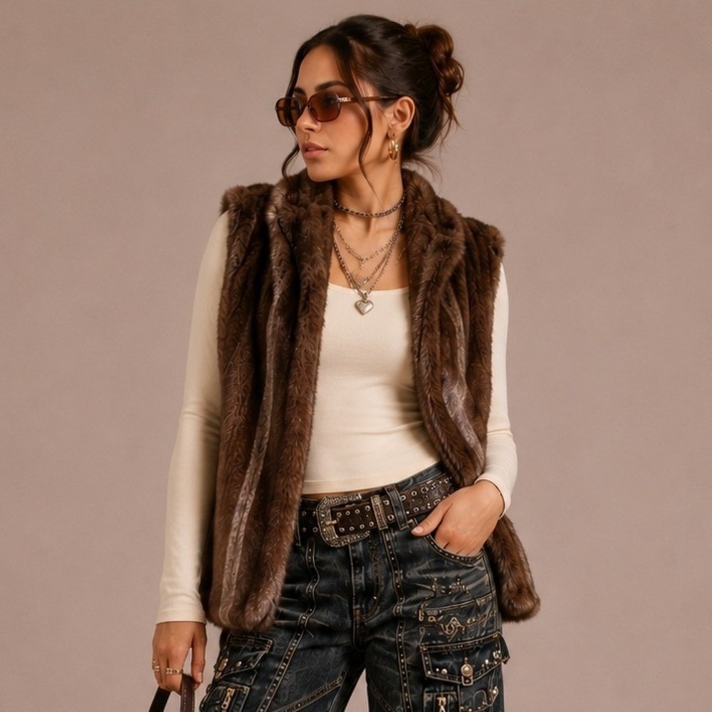 Chicos Lux Brown Faux Mink Fur Vest Plush Layers Boho Glam Womens Cozy M